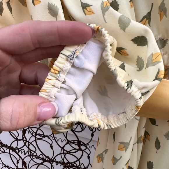 Vintage Leslie Fay floral feather leaf yellow belted dress - Picture 5 of 7